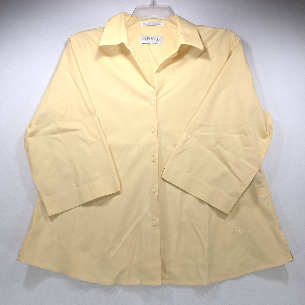 Orvis Womens Yellow Wrinkle Free Cotton Button Down 3/4 Sleeve Shirt Size‎ 16